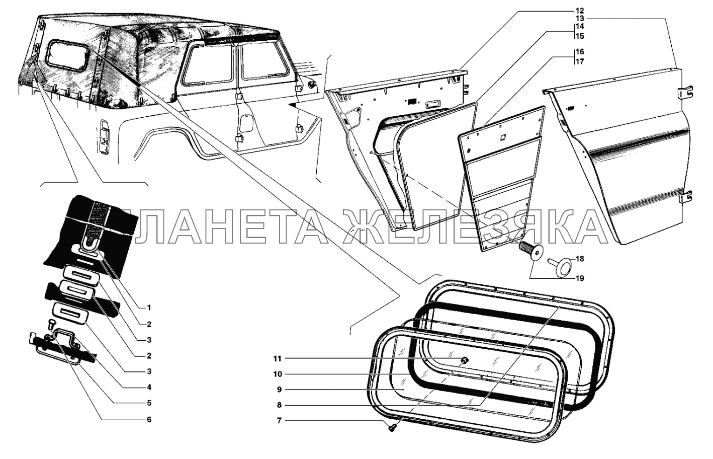 Детали тента, окно тента, двери передняя и задняя в сборе, обивка двери УАЗ-31519